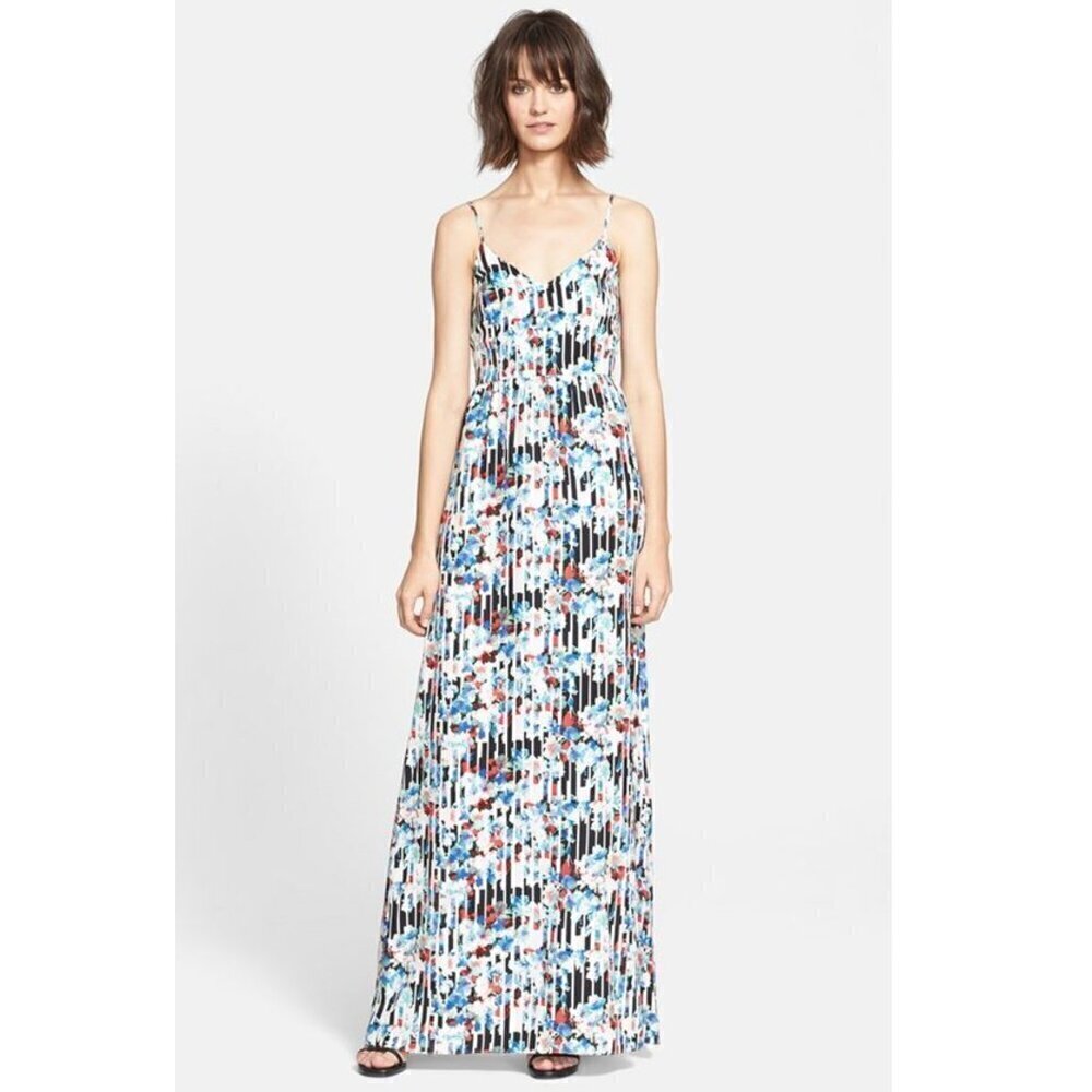 Parker Niko Striped Floral Print Maxi Dress V-Neck Silk Black White Women's XS